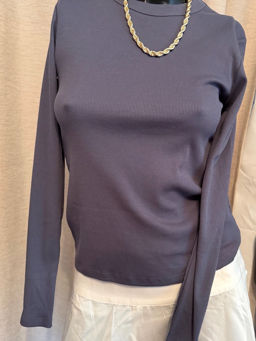 Old Navy Navy Ribbed Long-Sleeve Crewneck Top